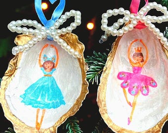 Nutcracker Ballerina Oyster Shell Ornament: Pink or Blue