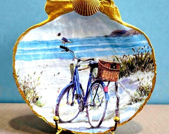 Scallop Shell Jewelry Dish, Bicycle Beach Scene