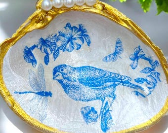 Decoupage Clam Shell Ring Dish-Blue Bird and Dragonfly