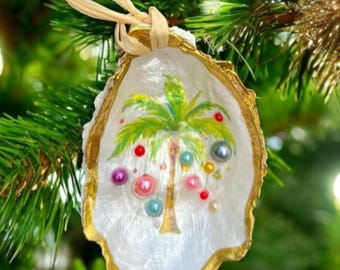 Christmas Palm Tree Oyster Shell Ornament – Handmade Cape Cod with Gold Leaf and 3D Pearls – Beachy Tropical Decor
