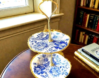 Blue Toile Scallop Shell Tiered Stand, French Vintage Jewelry Holder