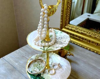 Hydrangea Scallop Shell Caddy, Coastal Jewelry Holder