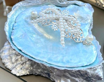 Oyster Shell Trinket Box, Pearly Blue, Silver Leaf Accents, Cape Cod Coastal Decor
