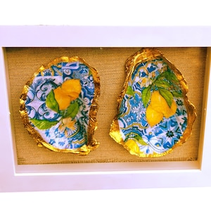 Lemon Print Oyster Shell Shadow Box: Coastal Wall Art