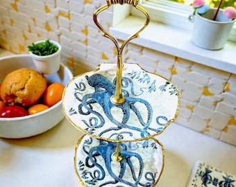 Handcrafted Octopus Scallop Shell Caddy, Coastal Luxe Jewelry Dish