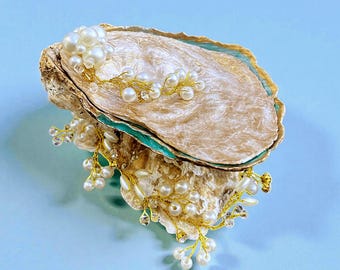 Turquoise Oyster Shell Ring Holder, Coastal Decor