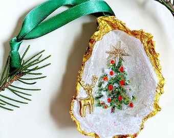 Oyster Shell Christmas Ornament with 3D Tree, Gold Leaf and Rhinestones