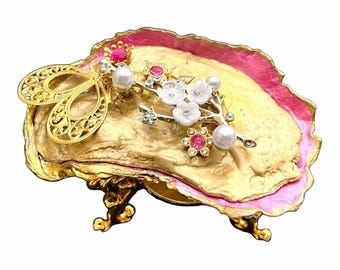 Oyster Shell Jewelry Box Pink and Gold Lidded Trinket Box