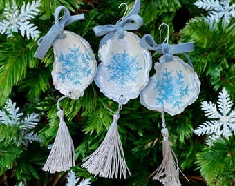 Set of 3 Snowflake Oyster Shell Ornaments - Handmade Cape Cod Beach Ornaments, Blue Glitter with Tassel