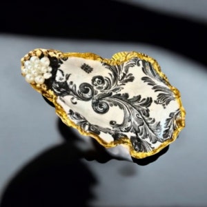 Oyster Shell Ring Dish, Black Scroll Design