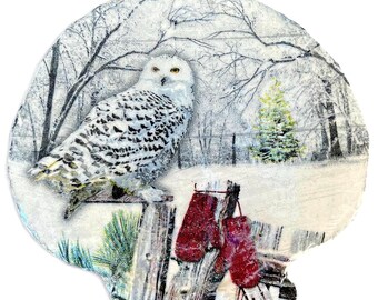 Owl Winter Decoupage Scallop Shell Decor
