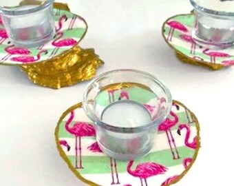 Scallop Shell Tealight Holders – Flamingo, Set of 3 with Gold Trim