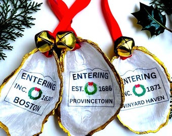 Personalized Town Oyster Shell Ornament, Boston, Cape Cod Customized Gift