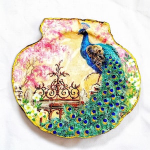 Peacock Scallop Shell Ring Dish, Handmade Coastal Jewelry Holder