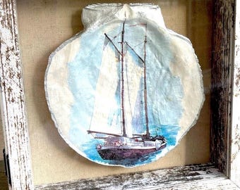 Sailboat Seashell Shadow Box 8x8, Distressed Wood Coastal Wall Art, Navy Nautical Beach Decor