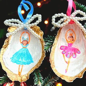 Nutcracker Ballerina Oyster Shell Ornament: Pink or Blue
