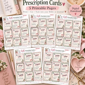 Puede incluir: Cinco páginas imprimibles de tarjetas de prescripción de fe con diversos temas emocionales y espirituales. Cada tarjeta incluye un símbolo de receta, un título, una referencia bíblica y un mensaje corto, decorado con flores y lazos rosas.