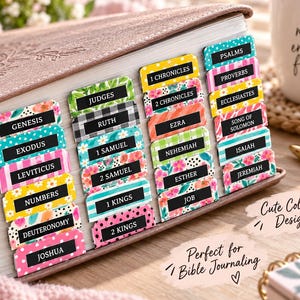 May include: A set of adhesive book tabs attached to the edge of a book, featuring black labels with white text identifying various books of the Bible. The tabs display a variety of colorful patterns including floral prints, polka dots, and stripes.