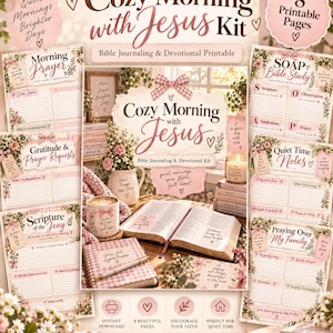 Puede incluir: Un kit imprimible de diario bíblico y devocional titulado Cozy Morning with Jesus, que incluye 8 páginas con detalles florales, patrones de cuadros rosas y texto que incluye Morning Prayer, SOAP Bible Study y Gratitude & Prayer Requests.