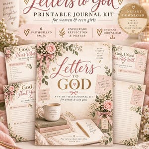 Może przedstawiać: Zestaw do druku w formie dziennika zatytułowany Letters to God, zawierający kwiatowe ilustracje, delikatne odcienie różu i kremu oraz różne strony do modlitwy i refleksji. Zestaw zawiera wskazówki, liniowane miejsca do pisania i elementy dekoracyjne.