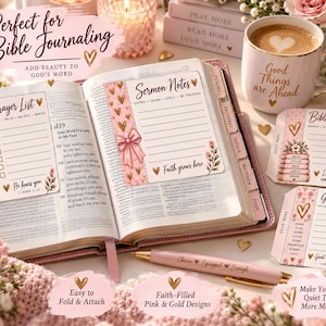 May include: An open Bible with pink and gold floral inserts featuring text like Prayer List, Sermon Notes, Bible Study Notes, and God's Faithfulness. A pink pen with gold accents rests nearby, alongside a mug labeled Good Things are Ahead.