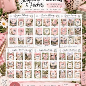 May include: A collection of printable scripture polaroids and pockets featuring floral, pink, and green designs with inspirational text. The sheets include various cards with religious quotes, heart shapes, and book illustrations, presented as a digital download set.