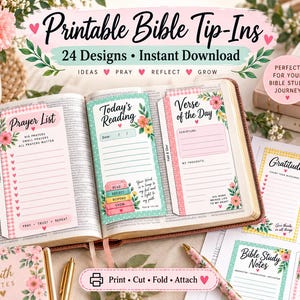 May include: A set of printable Bible tip-ins featuring 24 designs with floral accents and pink hearts. The cards include headers like Prayer List, Today's Reading, and Verse of the Day, with lines for writing notes, scripture, and dates for Bible study.