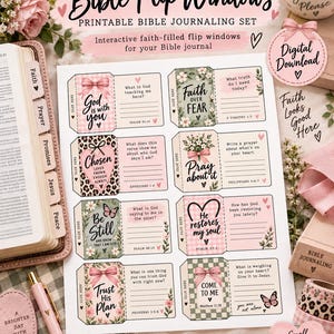 May include: A printable Bible journaling set titled Bible Flip Windows featuring eight interactive flip window designs with floral, leopard, and gingham patterns in pink, green, and white. Each window includes faith-based text and prompts.