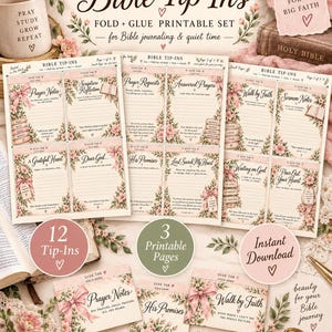 Könnte beinhalten: Ein druckbares Set von Bibel-Tip-Ins mit Blumenrändern und rosa Schleifen. Die Seiten enthalten Abschnitte für Gebetsnotizen, Schriftreflexion und Predigtnotizen mit Texten wie Prayer Requests und Walk by Faith. Enthält 12 Tip-Ins.