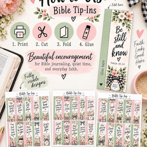 Könnte beinhalten: Ein digitales, druckbares Set von Bible Tip-Ins mit Blumen- und Karomustern sowie inspirierenden Texten. Die Anleitung zeigt vier Schritte: Drucken, Schneiden, Falten und Kleben. Drei Seiten mit Lesezeichen und verschiedenen religiösen Zitaten.