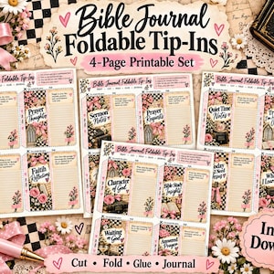 Puede incluir: Un conjunto imprimible de 4 páginas de Bible Journal Foldable Tip-Ins con patrones florales y de cuadros. Cada página incluye secciones para notas de las Escrituras, pensamientos de oración, notas de sermones y reflexiones.