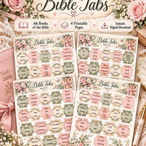 Könnte beinhalten: Vier druckbare Seiten mit Bibel-Registern, verziert mit Blumenmustern in Rosa- und Grüntönen. Jede Seite enthält Etiketten für die 66 Bücher der Bibel mit dekorativen Rändern, kleinen Schleifen und Schmetterlingsmotiven. Der Text lautet Bible Tabs.