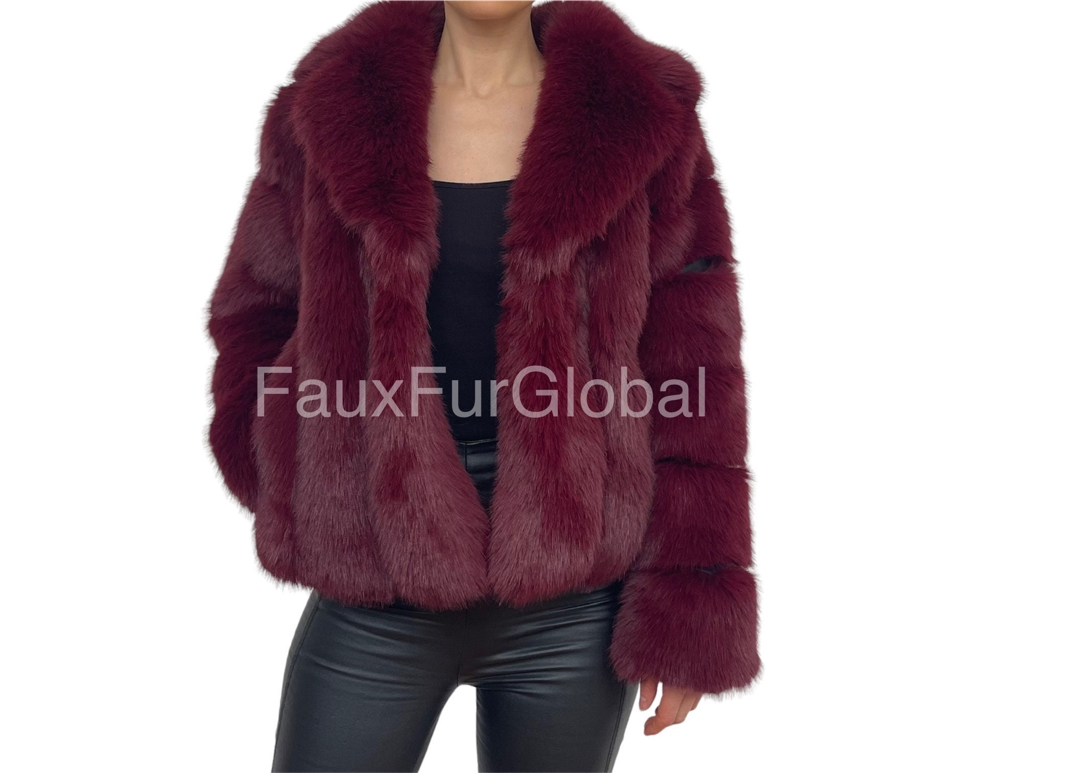 Faux Fur Jacket - Bordeaux Burgundy Maroon (vegan Luxurious Coat  