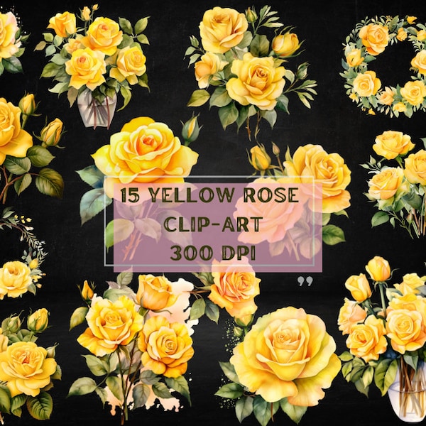 15 Watercolor Yellow Rose Clipart - roses, rose bunches and wreaths in PNG format instant download for commercial use transparent background