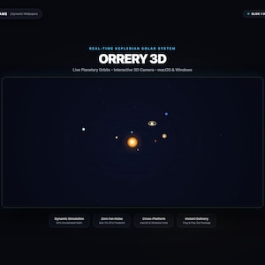 Op de afbeelding: Een digitale interface voor Orrery 3D, een real-time Kepleriaanse zonnestelselsimulatie. Het scherm toont een centrale zon met draaiende planeten tegen een donkere achtergrond, met tekstlabels voor live planetaire banen en interactieve 3D-camera.