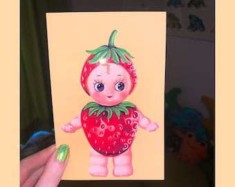 Mini stampa artistica lucida Kewpie alla fragola 4' x 6' Simpatica arte da parete