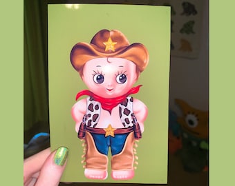 Mini stampa artistica lucida Cowboy Kewpie 4' x 6' Simpatica arte da parete