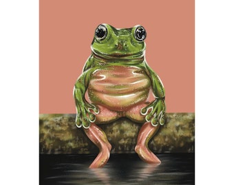 Frank de Kikker-kunstprint: grappige kikker op boomstam, glanzend 4 x 6