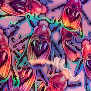 May include: A collection of iridescent beetle stickers with a holographic finish. The beetles are pink, purple, and blue with a heart-shaped design on their backs.