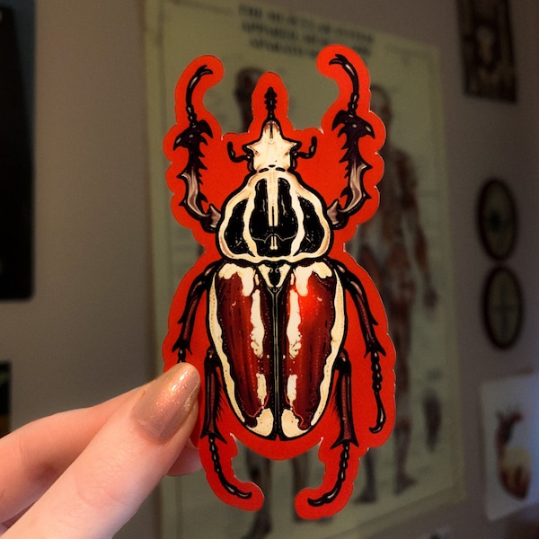 Bug Goliath Beetle Glossy Die Cut Vinyl Handmade Red Insect Sticker