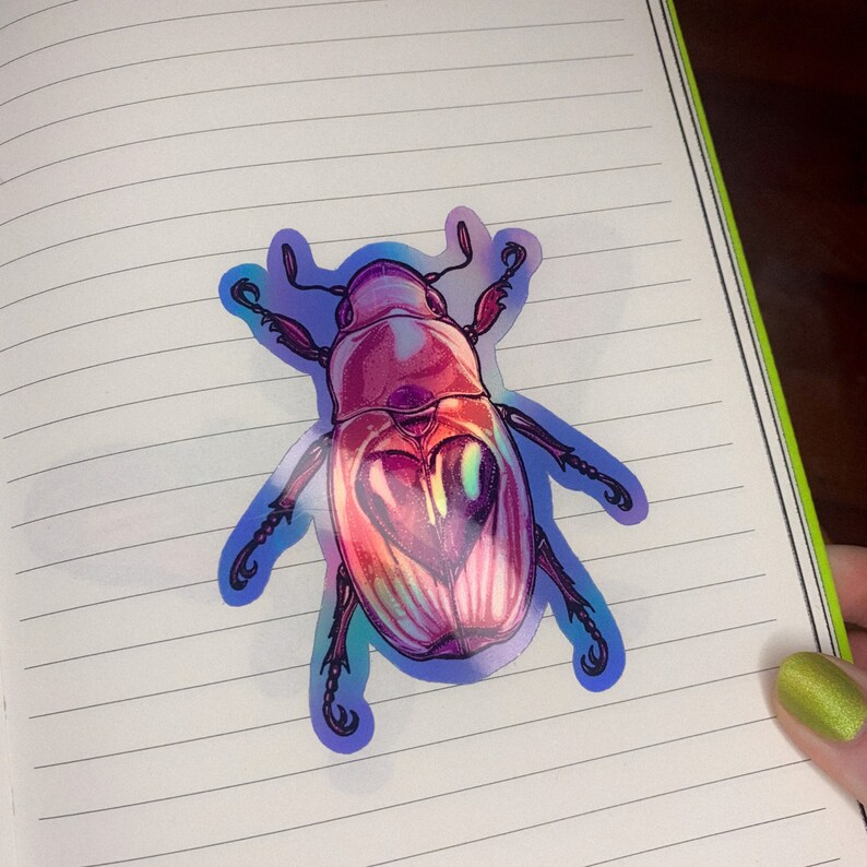 May include: A holographic sticker of a pink and purple beetle with iridescent wings. The beetle is in a heart shape.