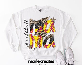 May include: White sweatshirt with the words "Softball Mama" in a playful design. The word "Mama" is in yellow and pink softball stitching, with leopard print accents. Two stars and the word "softball" are in black script.
