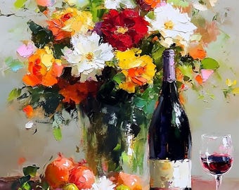 Wine and Flowers Still Life Print: Impressionist Kitchen Wall Art