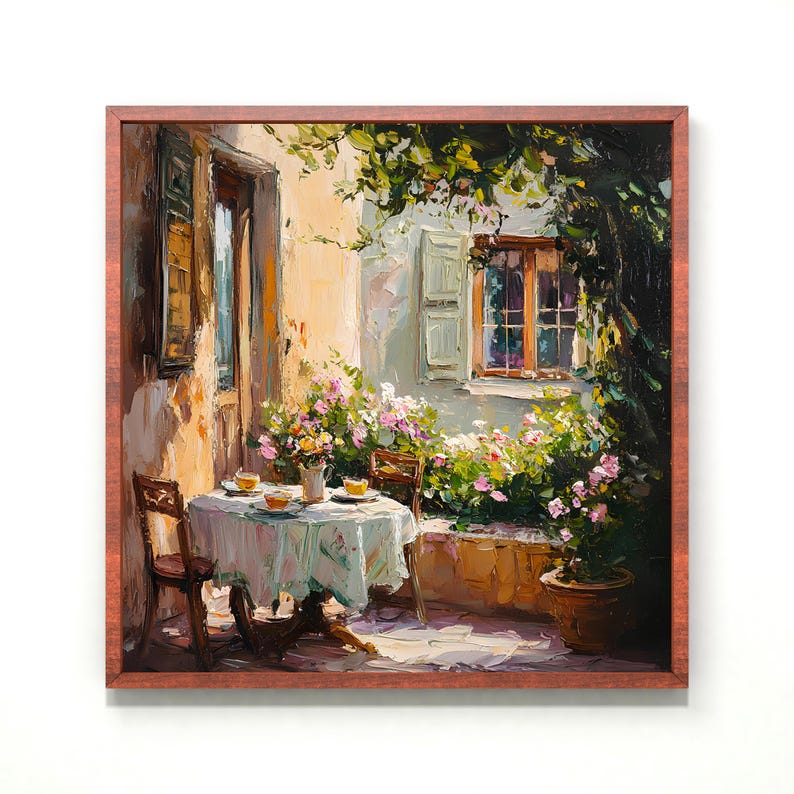 May include: A painting depicting a charming outdoor dining area with a table set for two, surrounded by vibrant greenery and flowers. The table is adorned with a white tablecloth and a vase of flowers. The scene is framed by a window overlooking a garden.