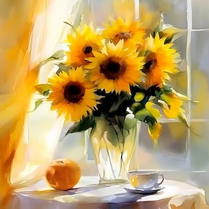 Dipinto ad acquerello di girasole, natura morta con mela e tazza, stampa artistica di una mattina soleggiata, decorazione floreale per la cucina, poster rustico con girasole