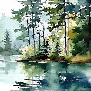 Stampa artistica ad acquerello di Forest Lake, pino, paesaggio astratto, arte murale, dipinto di foresta, decorazione da parete