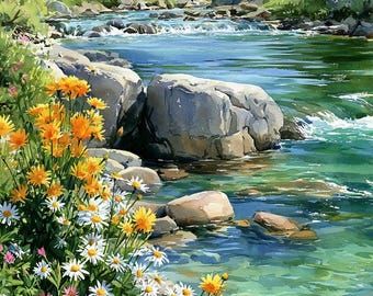 Wildflower River Watercolor Print, Mountain Stream Wall Art, Floral Nature Landscape, Botanical Painting, Summer Meadow Artwork