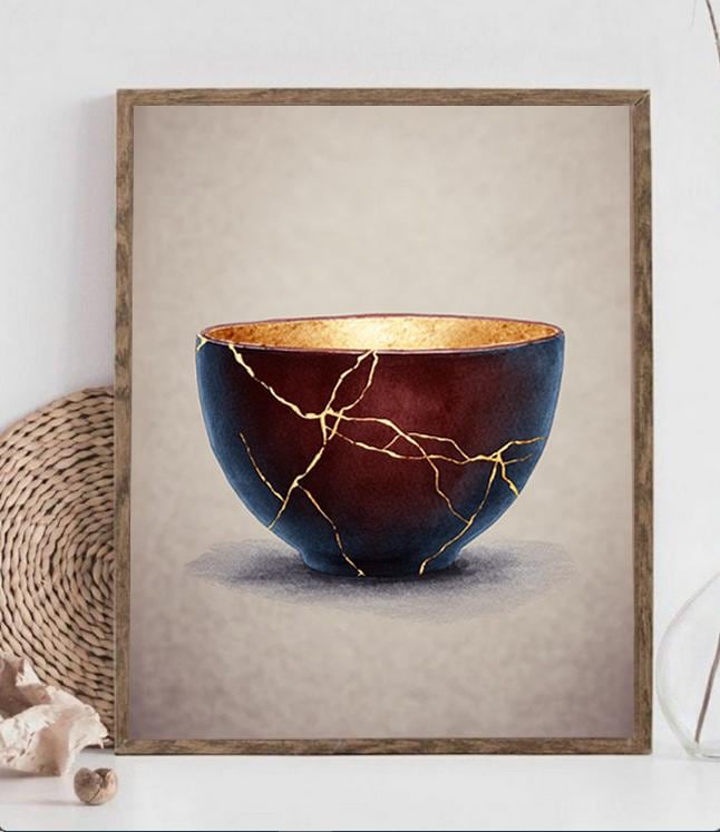 Poster A Japanese kintsugi bowl Art Print Wabi Sabi Watercolor