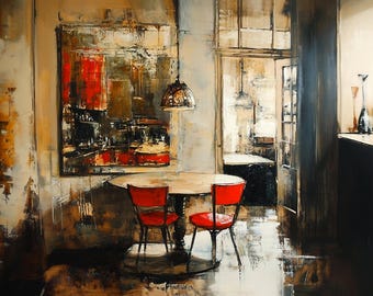 Vintage Cafe Art Print: Red Chairs, Impressionist Oil Painting Style