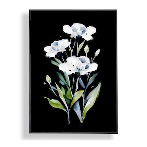 Fiori bianchi su sfondo nero. Dipinto astratto ad acquerello. Stampa artistica.